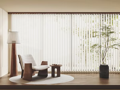 Bright Modern Interior With White Vertical Blinds Floor Lamp Armchair Side Table And Greenery Outside 3d model