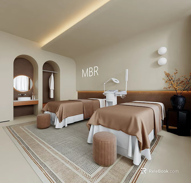 Luxurious SPA Treatment Room With Twin Brown Linen Beds Arched Doorways And Vanity 3d model 