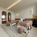 Luxurious SPA Treatment Room With Twin Brown Linen Beds Arched Doorways And Vanity