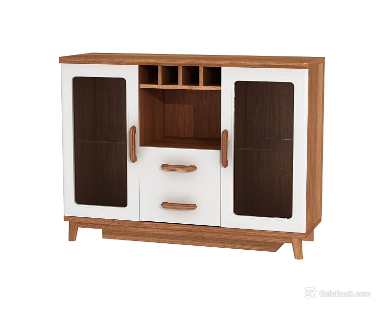 Modern White And Wooden Sideboard With Double Glass Doors Single Drawer And Open Storage Compartments 3d model 