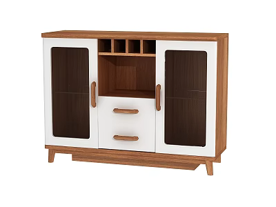 Modern White And Wooden Sideboard With Double Glass Doors Single Drawer And Open Storage Compartments 3d model