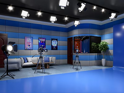 Professional Studio Set With Blue Walls Lighting Cameras Sofa And Plant 3d model