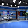 Professional Studio Set With Blue Walls Lighting Cameras Sofa And Plant 3d model