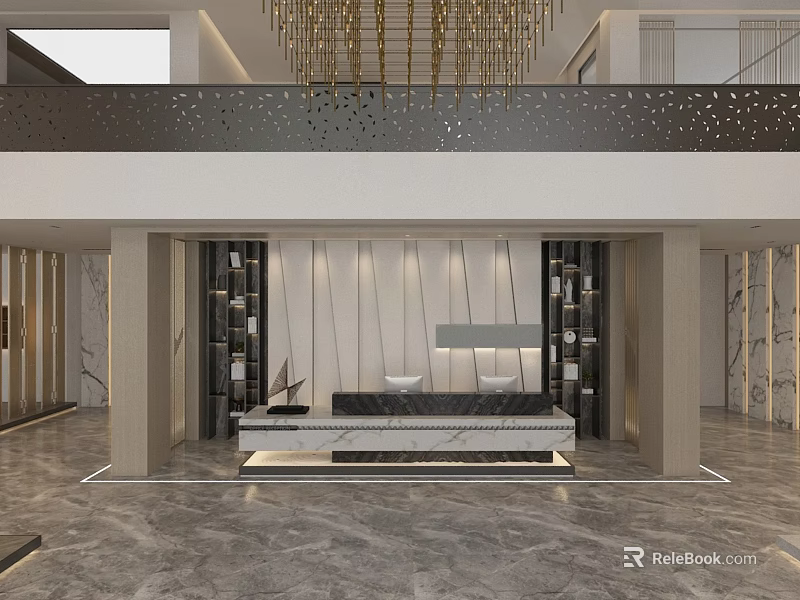 Luxurious Modern Clubhouse Lobby With Chandelier Marble And Reception Desk 3d model 