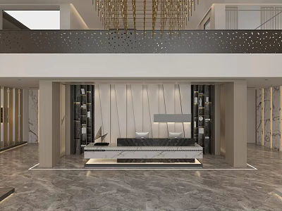 Luxurious Modern Clubhouse Lobby With Chandelier Marble And Reception Desk 3d model