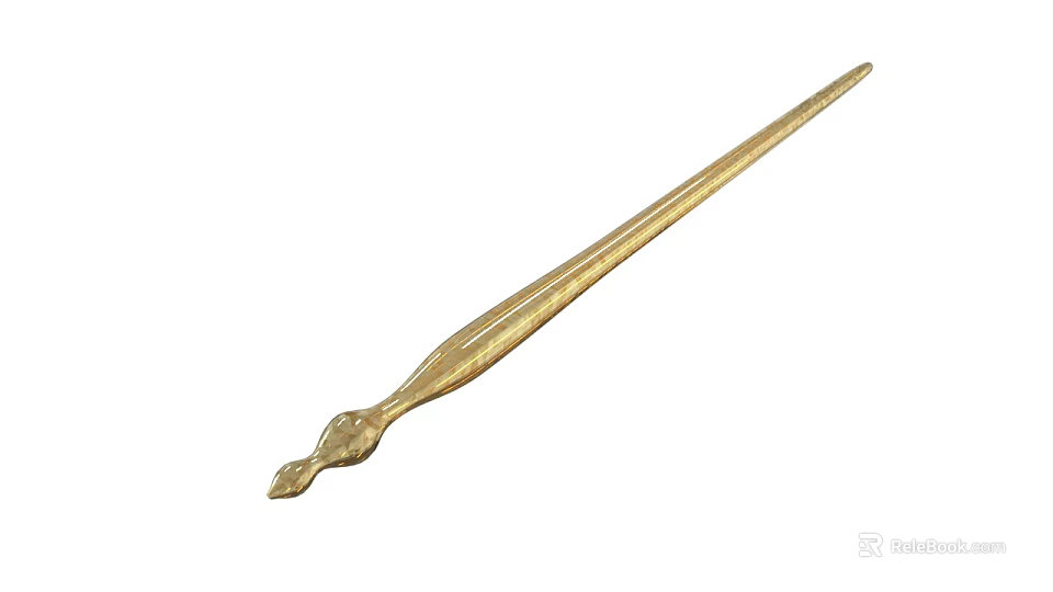 Golden Vintage Metal Hairpin With Intricate Carved Design And Long Shank 3d model 
