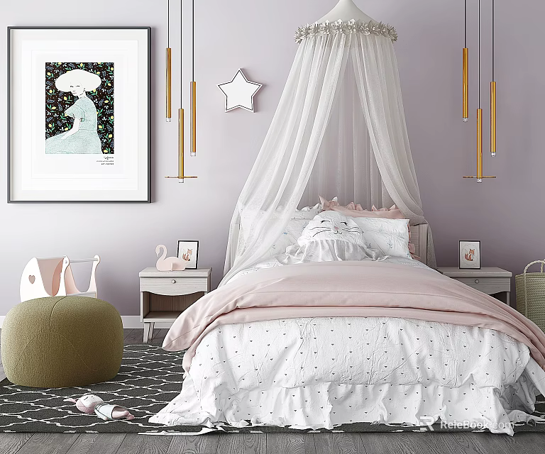 Cozy Kids Bed with White Canopy Pink Bedspread Star Patterned Sheets and Small Nightstand 3d model 