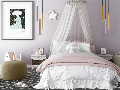 Cozy Kids Bed with White Canopy Pink Bedspread Star Patterned Sheets and Small Nightstand 3d model