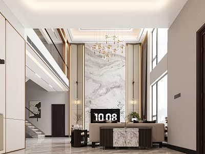 Modern Duplex Living Room With Marble Wall And Chandelier 3d model