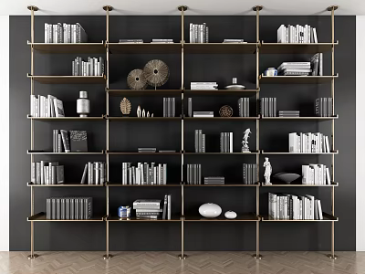 Modern Bookshelf With Black Background Golden Frame Neatly Arranged Books And Decorative Items 3d model