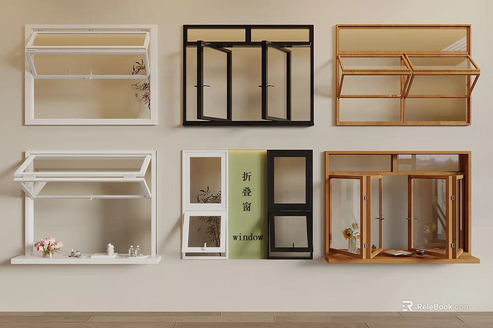 Various Window Styles In White Black And Wooden Colors For Home Decor 3d model 