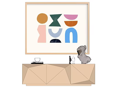 Geometric Shaped Wall Art In Wooden Frame With Decorative Cabinet And Figurines 3d model