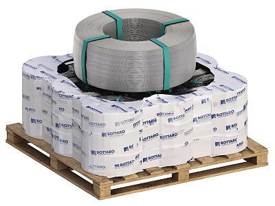Gray Strapping Roll Secured With Green Straps On Wooden Pallet With ORTNER Packaging 3d model
