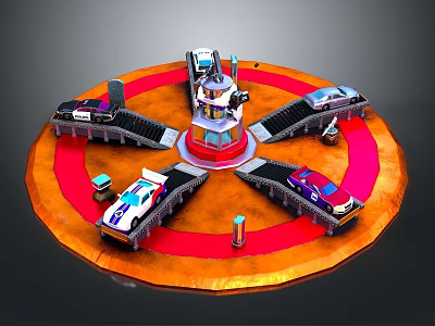Toy Cars On Circular Track With Multiple Lanes And Control Tower 3d model