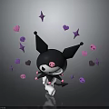 Cute Black Bat Eared Cartoon Character With Pink Skull Face And Decorative Stars Hearts Skulls