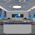School Modern Technology Classroom with Blue Multimedia Screens Hexagonal Ceiling and Desks
