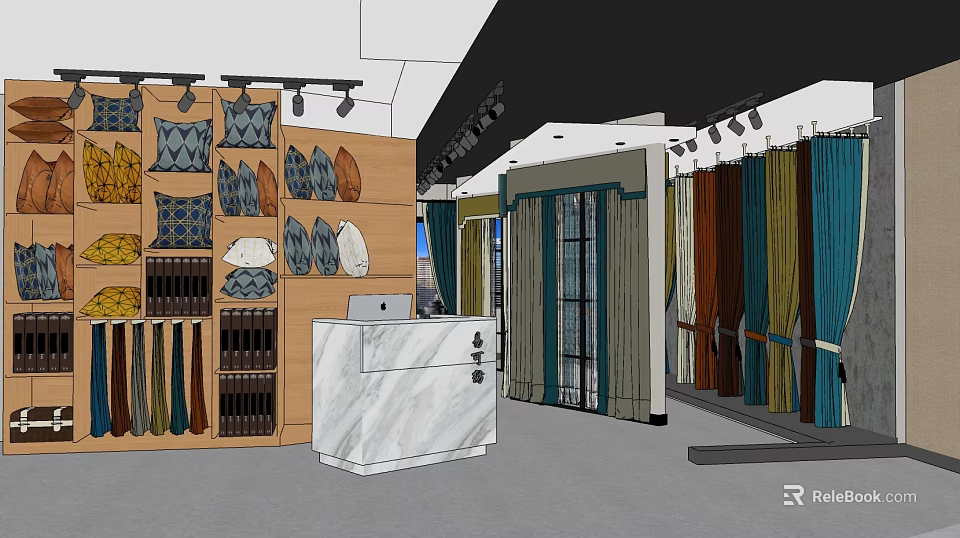 Curtain and Pillow Retail Store with Display Shelves Marble Counter and Fabric Samples 3d model 