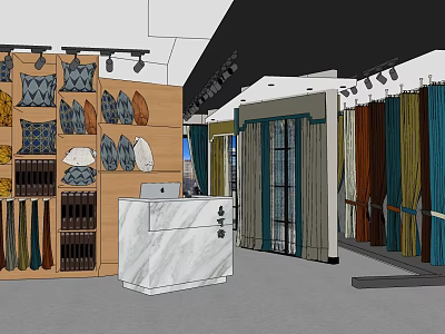 Curtain and Pillow Retail Store with Display Shelves Marble Counter and Fabric Samples 3d model