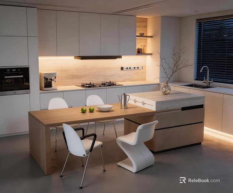Modern Kitchen Interior With Wooden Island White Cabinets Appliances Chairs And Lighting 3d model 
