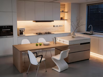 Modern Kitchen Interior With Wooden Island White Cabinets Appliances Chairs And Lighting 3d model
