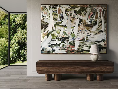Large Abstract Painting In Modern Interior With Wooden Bench White Lamp And Greenery View 3d model