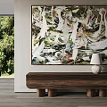 Large Abstract Painting In Modern Interior With Wooden Bench White Lamp And Greenery View