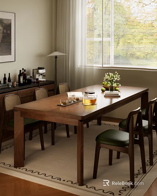 Cozy Wooden Dining Table Set With Green Seat Chairs Fruits Glassware And Cabinet 3d model 