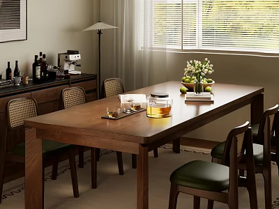 Cozy Wooden Dining Table Set With Green Seat Chairs Fruits Glassware And Cabinet 3d model