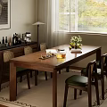Cozy Wooden Dining Table Set With Green Seat Chairs Fruits Glassware And Cabinet