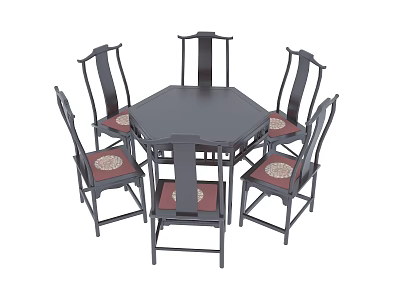 Chinese Style Hexagonal Dining Table With Six Wooden Chairs And Red Cushions 3d model