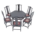 Chinese Style Hexagonal Dining Table With Six Wooden Chairs And Red Cushions