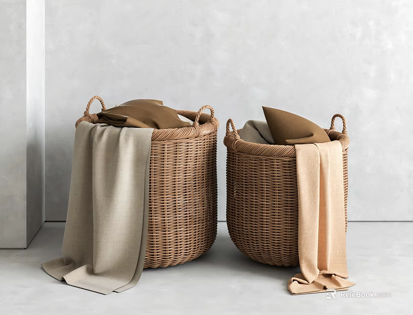 Two Woven Storage Baskets with Brown Beige Pillows and Hanging Blankets Against Gray Wall 3d model 
