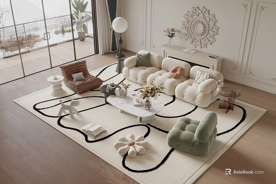 Modern Sofa And Coffee Table Set With Cozy Pillows Patterned Rug And Natural Light 3d model