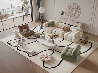 Modern Sofa And Coffee Table Set With Cozy Pillows Patterned Rug And Natural Light 3d model