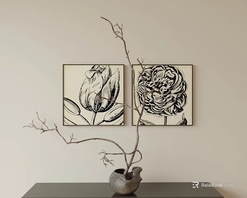 Black and White Botanical Floral Line Art Paintings Hanging on Wall With Vase and Branches 3d model 