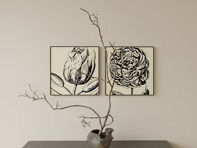 Black and White Botanical Floral Line Art Paintings Hanging on Wall With Vase and Branches 3d model