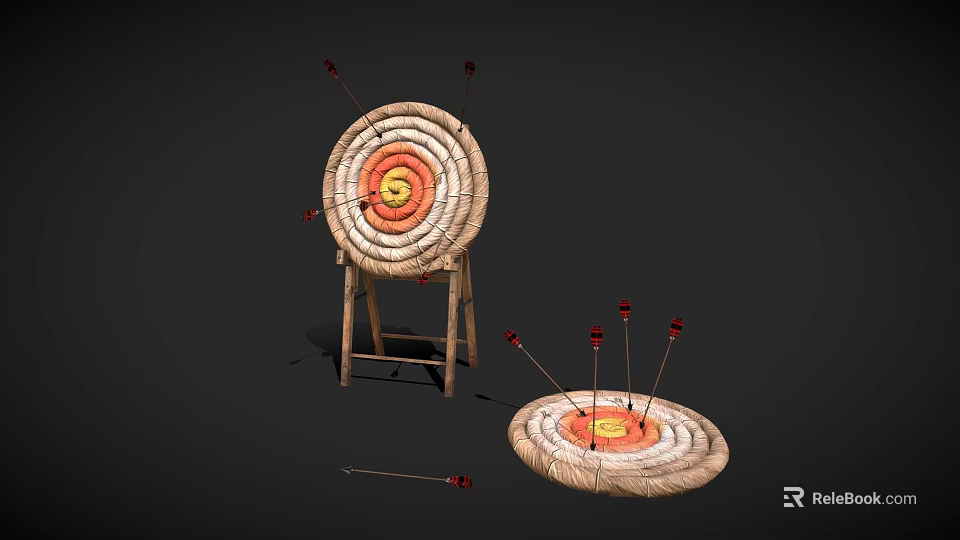 Archery Sports Equipment Featuring Wooden Target Stand Round Straw Targets And Red Arrow Tips 3d model 