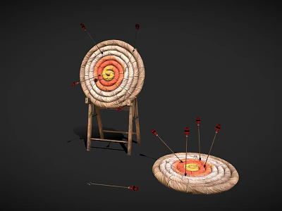 Archery Sports Equipment Featuring Wooden Target Stand Round Straw Targets And Red Arrow Tips 3d model