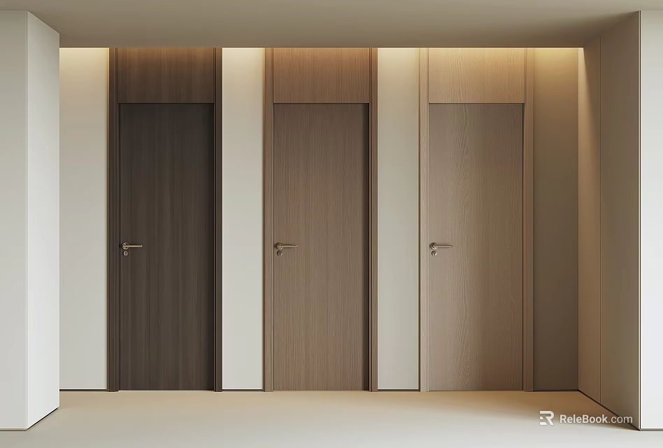 Hinged Doors with Different Colors and Wooden Texture in Minimalist Interior with Soft Lighting 3d model 