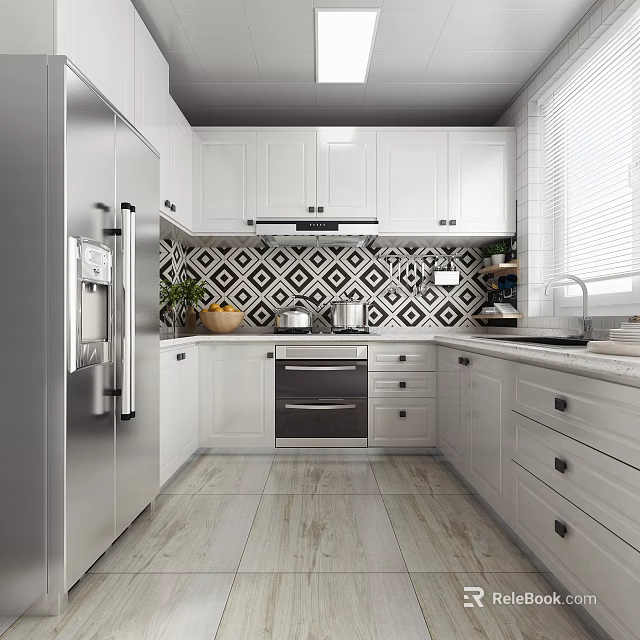 Modern Kitchen Interior With White Cabinets Black White Diamond Backsplash And Stainless Steel Refrigerator 3d model 
