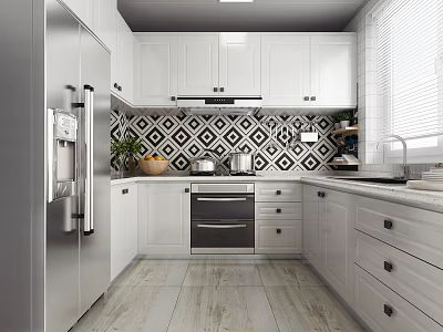 Modern Kitchen Interior With White Cabinets Black White Diamond Backsplash And Stainless Steel Refrigerator 3d model