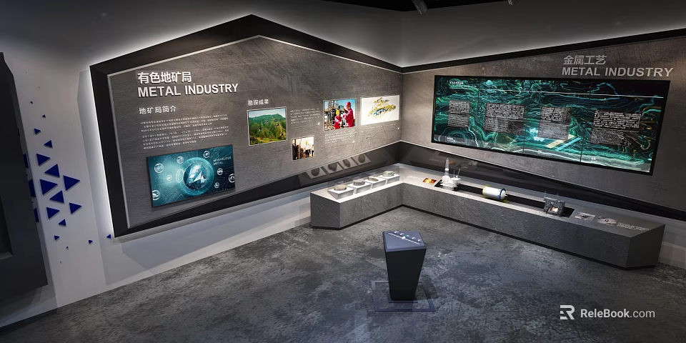 Kunming Metal Industry Exhibition Hall With Display Cases Screens And Information Panels 3d model 