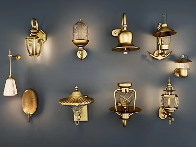 Various Golden Wall Sconces With Classic Designs Mounted On Gray Wall 3d model