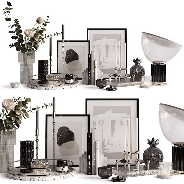 Stylish Decorative Ornament Combination With Framed Artworks Vases Flowers Modern Lamps And Sculptural Trays 3d model 