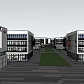 Modern Industrial Park with Spacious Plaza Green Lawns Trees People Walking Cars Parking