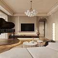 Modern Living Dining Room Interior With Sofa Round Coffee Table Rug Piano And Natural Light