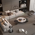 Modern Beige Sofa And Round Marble Coffee Table Set With Pillows Brown Chairs 3d model