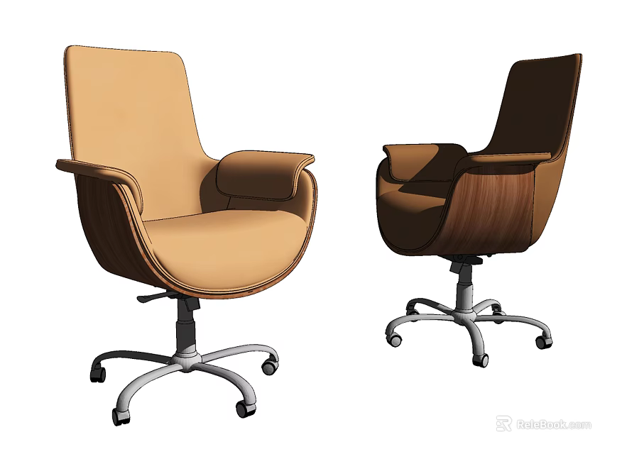 Two Modern Brown Office Chairs Featuring Leather Seats Wooden Arms and Swivel Wheels 3d model 