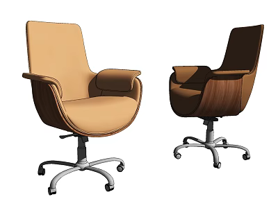 Two Modern Brown Office Chairs Featuring Leather Seats Wooden Arms and Swivel Wheels 3d model