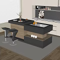 Modern Island Dining Table Set In Kitchen Interior With Black Countertop And Wooden Bar Stools